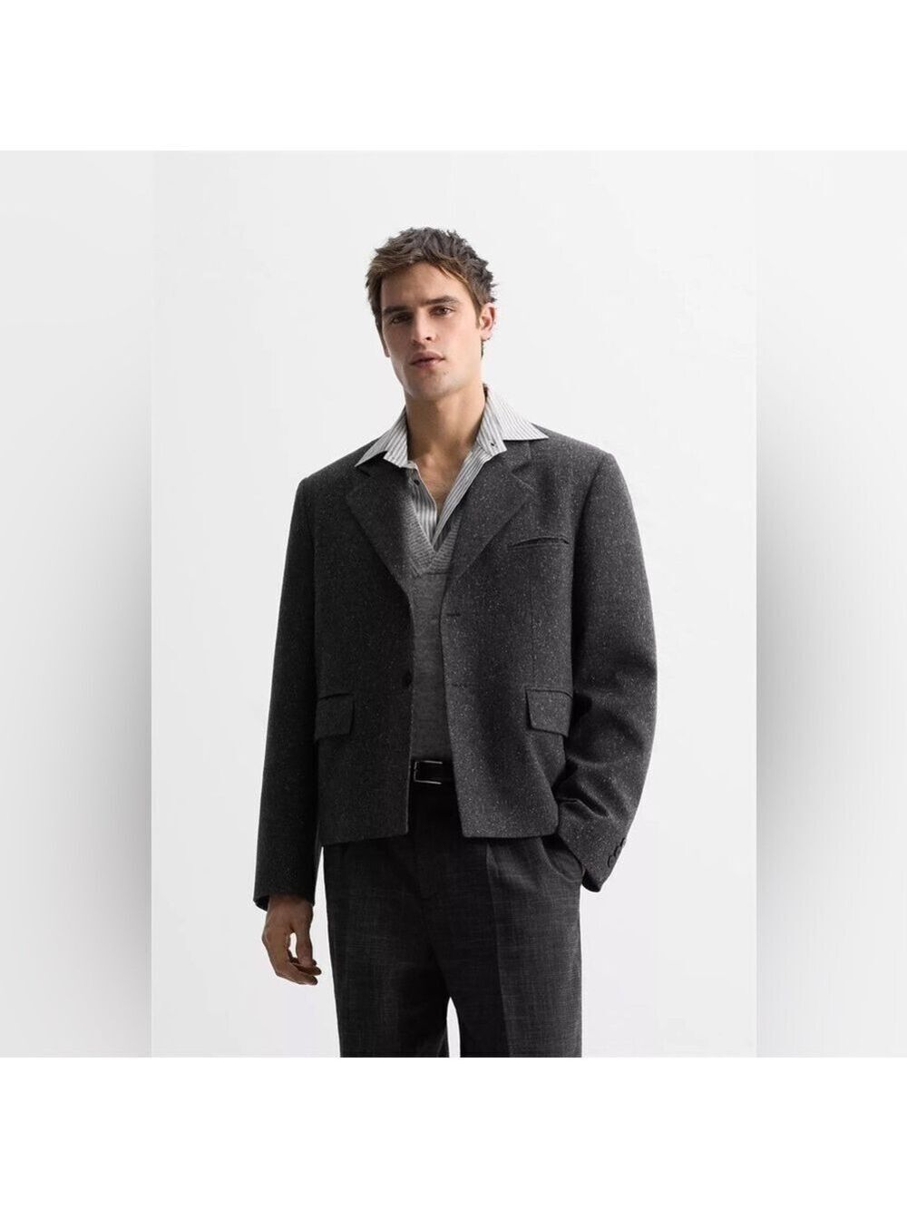 NWOT Zara Italian Manteco Wool TEXTURED BUTTON-UP SUIT BLAZER